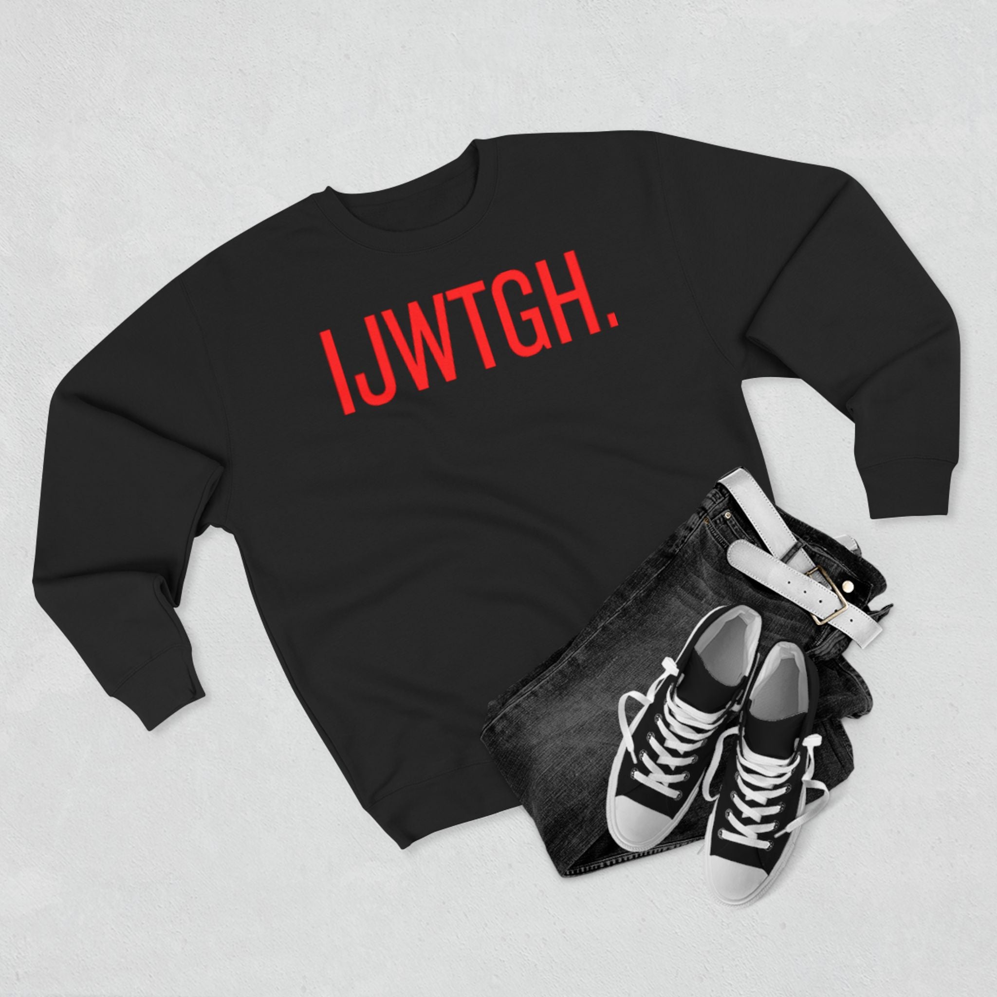 IJWTGH. Minimalist Graphic Sweatshirt — Bold Red Text Crewneck