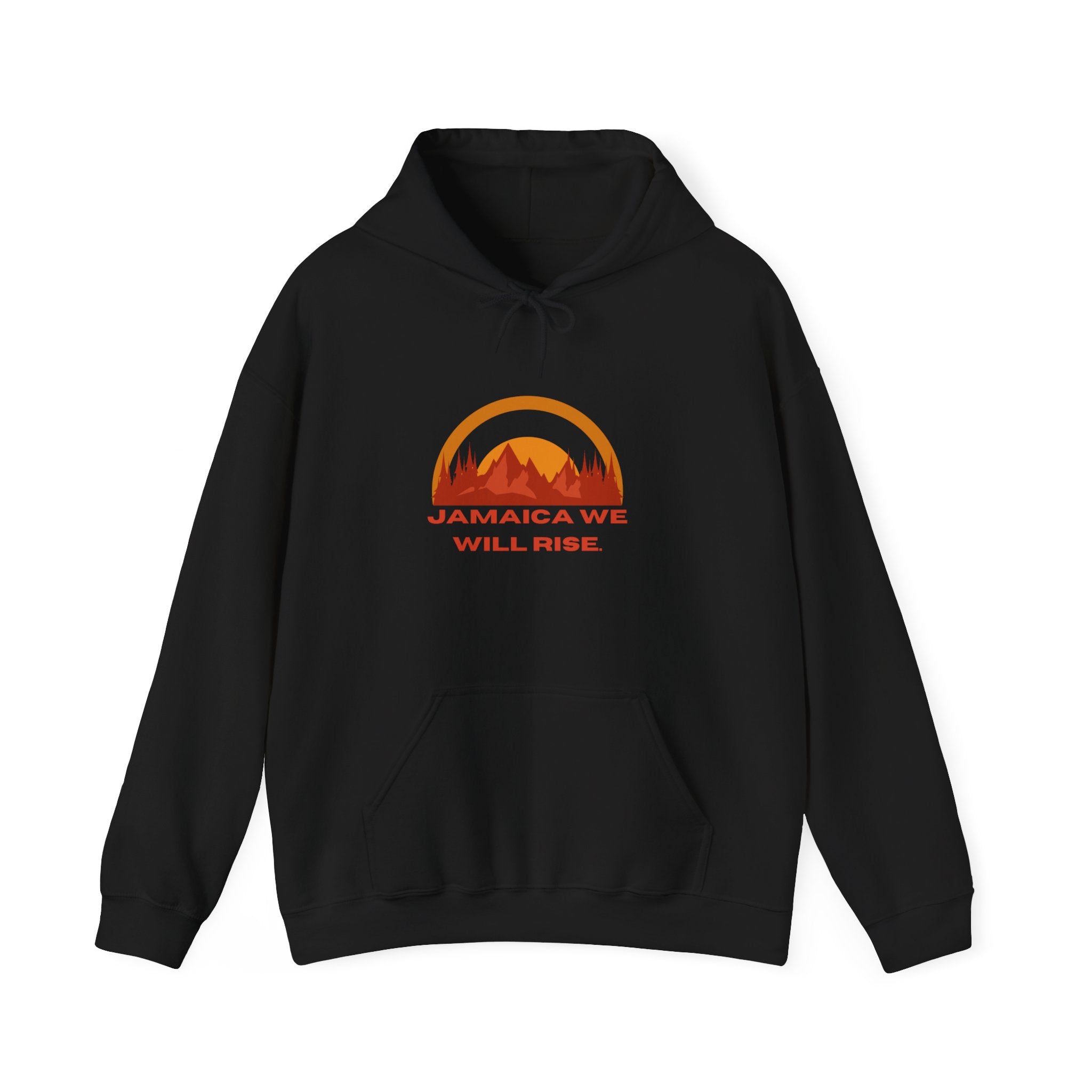 Jamaica We Will Rise Hoodie — Retro Sunrise Mountain Graphic