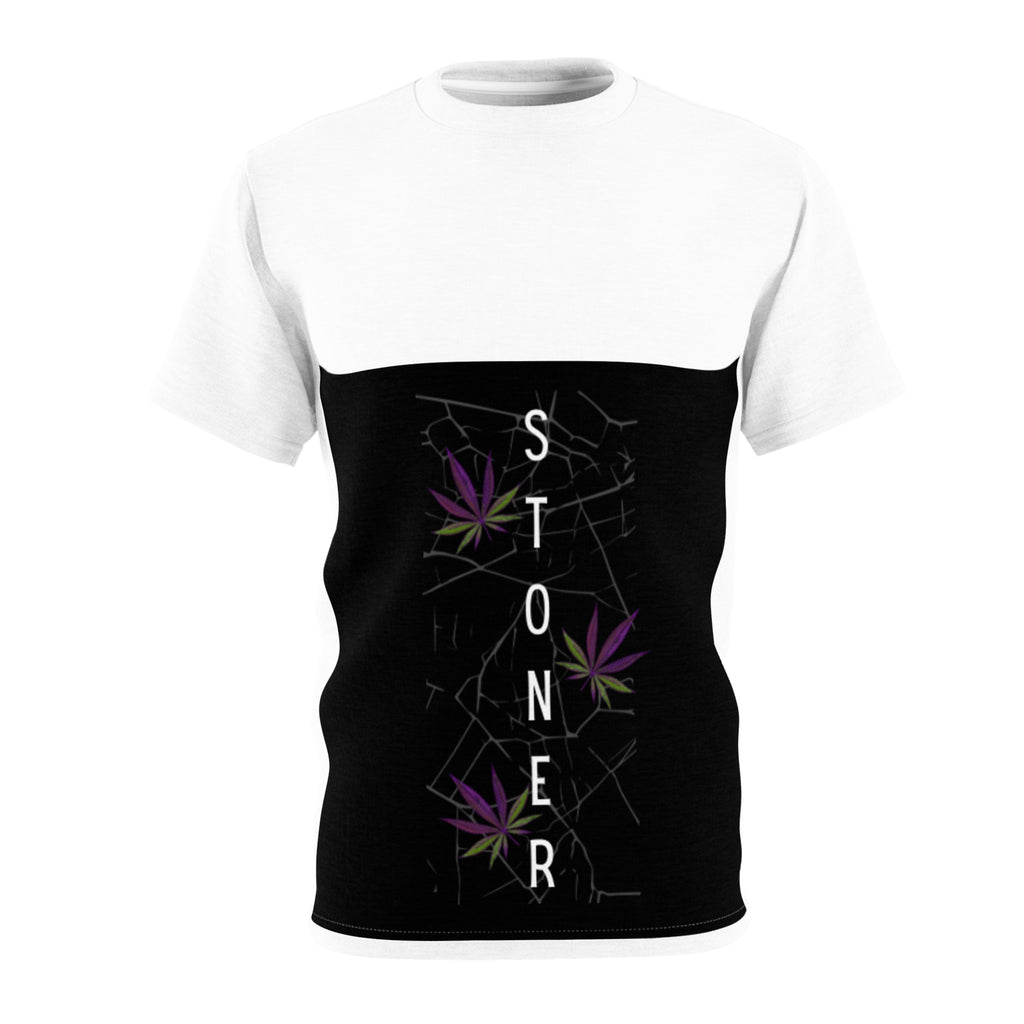 Stoner Vertical Graphic Tee — Black Panel Cannabis Leaf Design