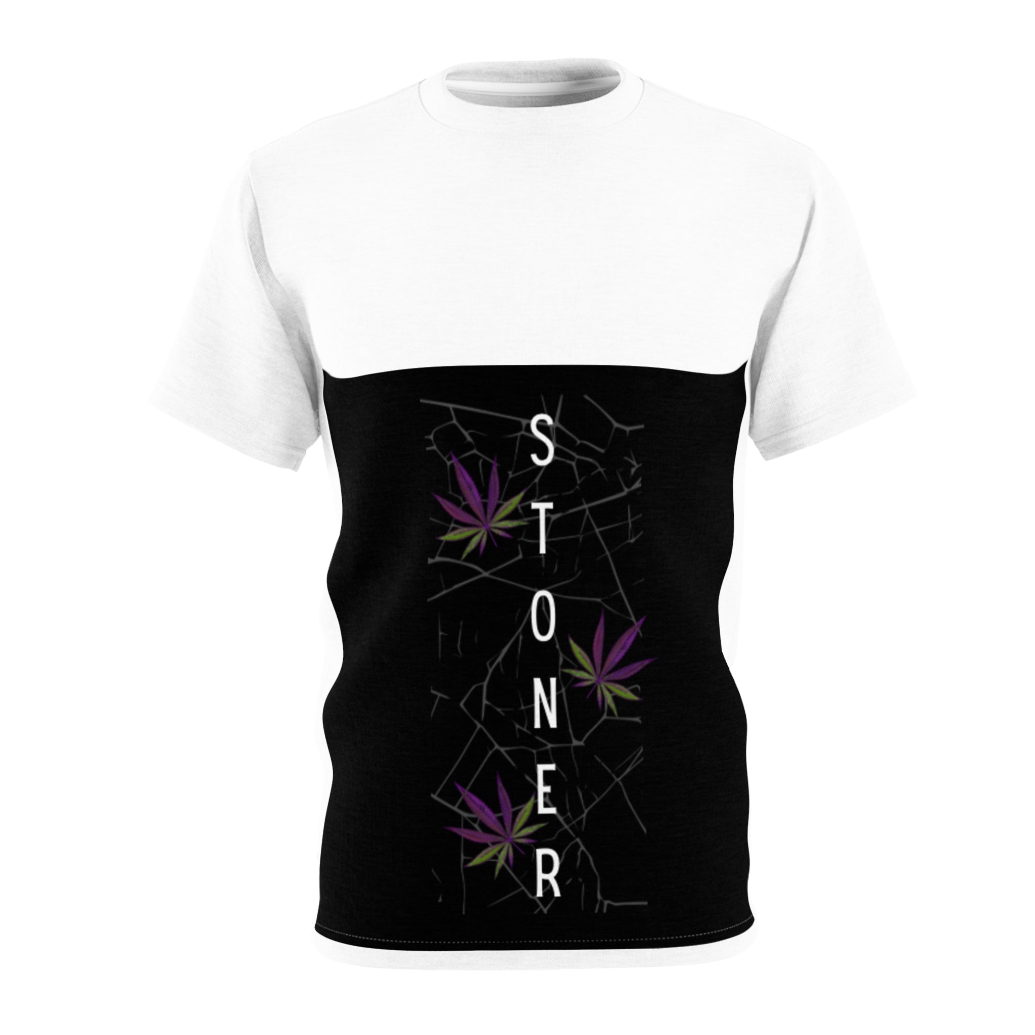 Stoner Vertical Graphic Tee — Black Panel Cannabis Leaf Design