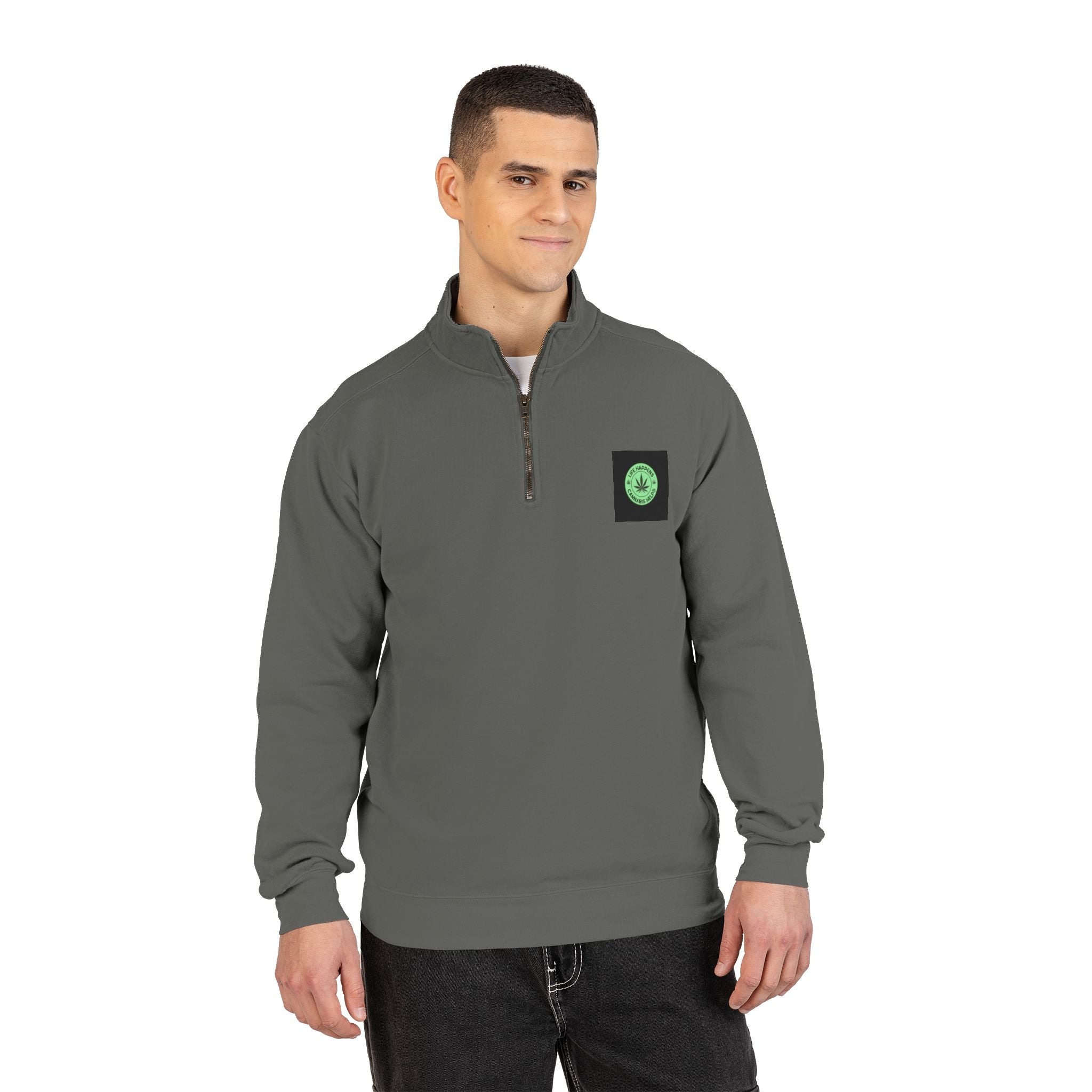 Earth Green Quarter-Zip Sweatshirt — Small Earth Patch Chest Design