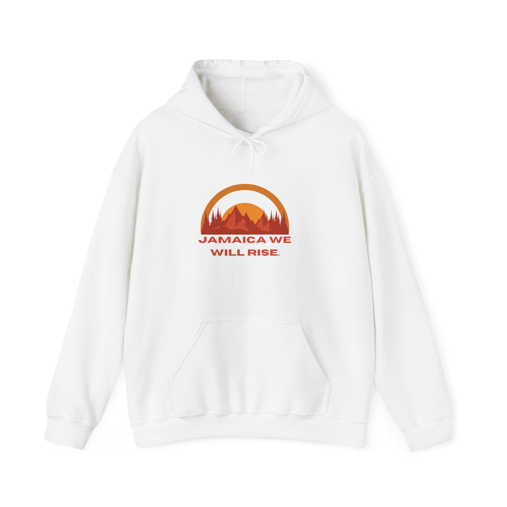 Jamaica We Will Rise Hoodie — Retro Sunrise Mountain Graphic