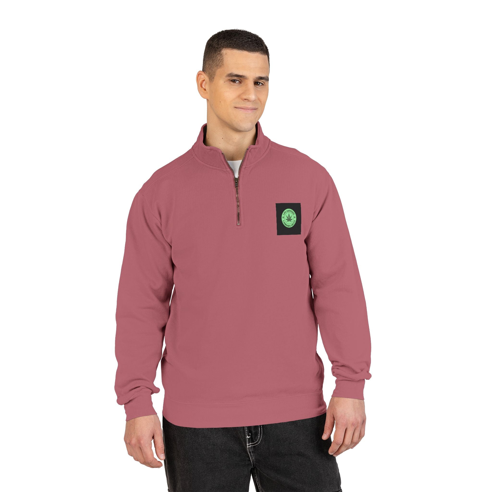 Earth Green Quarter-Zip Sweatshirt — Small Earth Patch Chest Design
